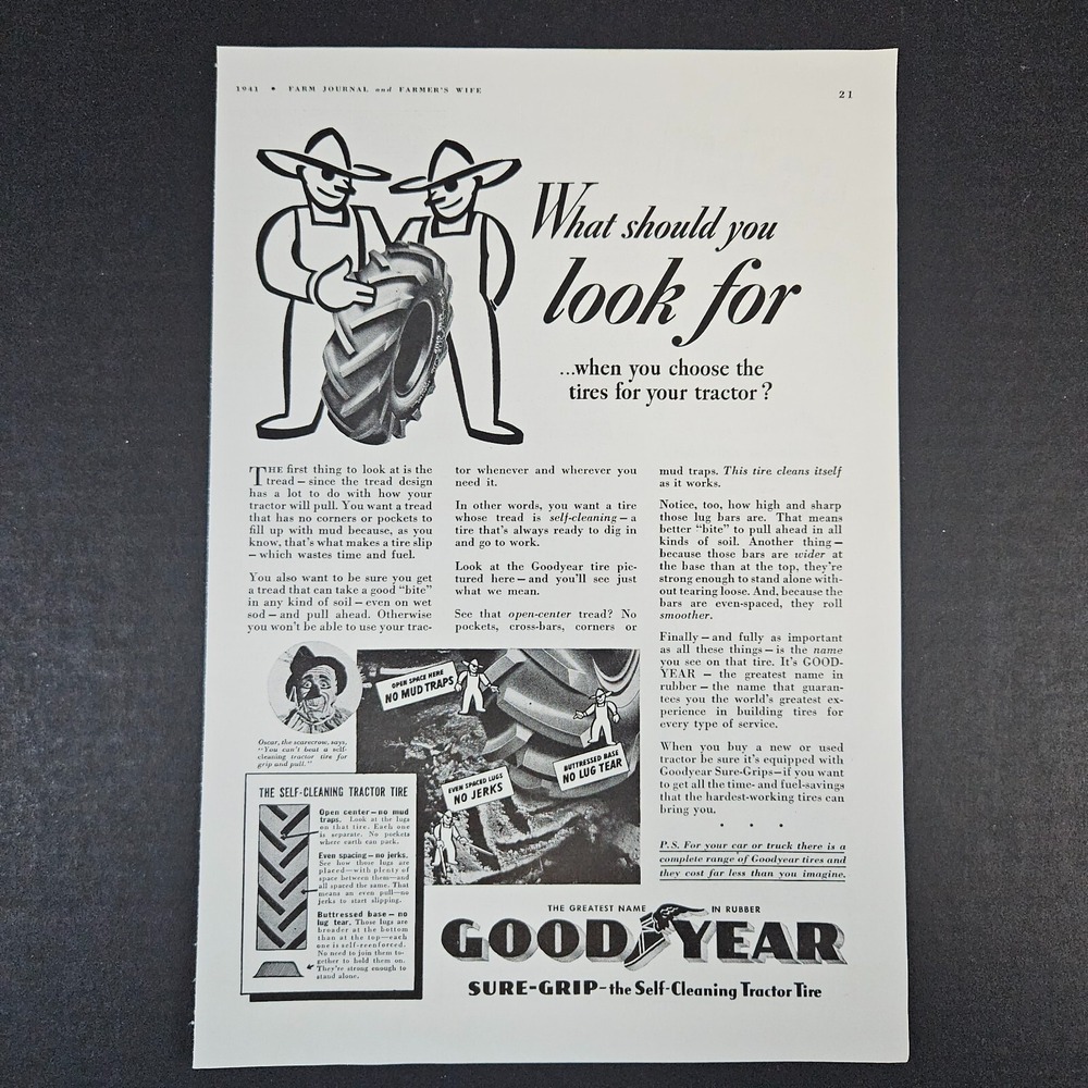 1941 Goodyear Tractor Tires Vintage Print Ad Farming Sure Grip Scarecrow Mancave